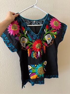 Hand-Embroidered Black Floral V-Neck Women’s Top